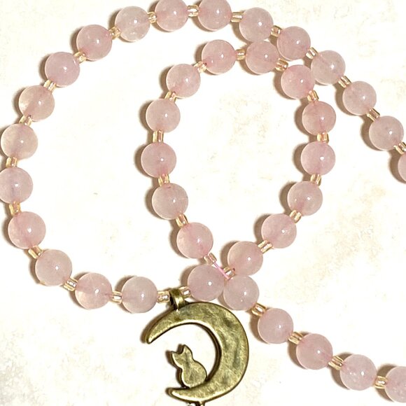 Pink Genuine Gemstone Rose Quartz Bronze Cat on the Moon Beaded Short Necklace - Picture 7 of 11